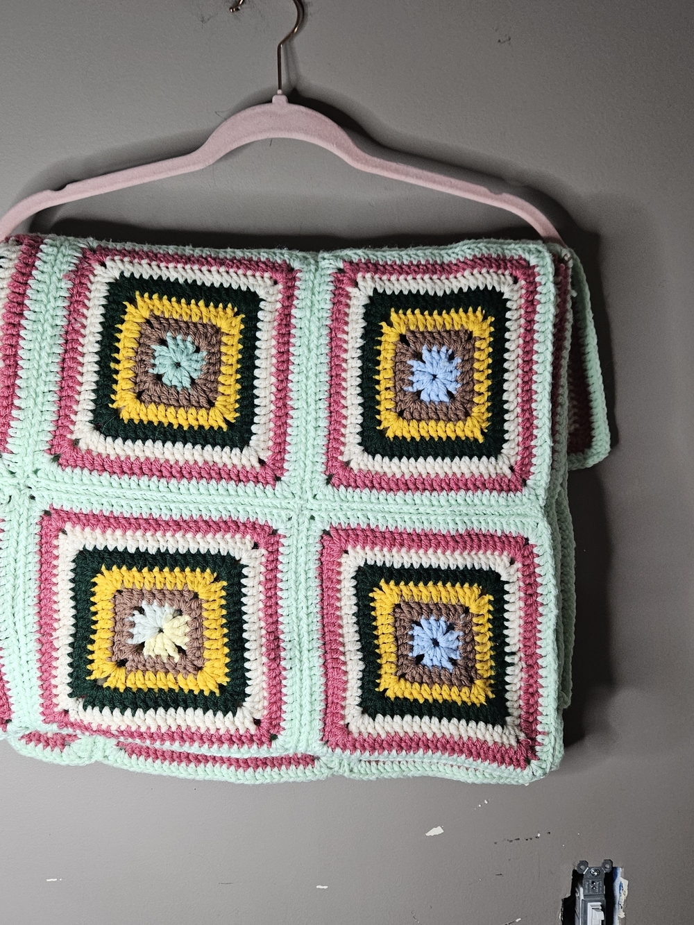 Handmade Crochet Square Patchwork Blanket in Mint & Multicolor 57" Across 37" L